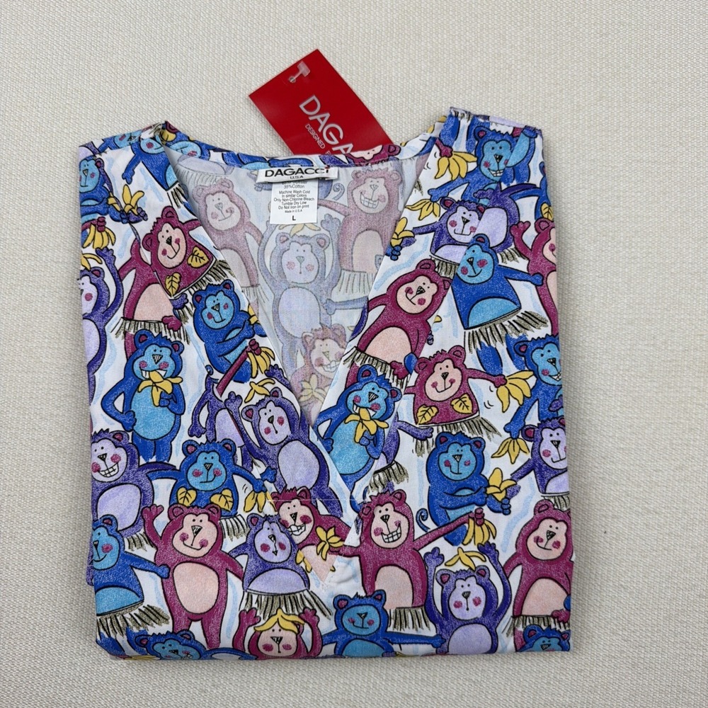 New Dagacci U.S.A. Scrub Top Shirt Uniform Monkey Size‎ L NWT Multi Color - Picture 9 of 10
